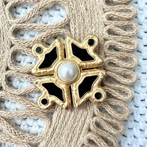 Large Ornate Black Enamel Pearl Brushed Gold Regal Maltese Cross Brooch Pin